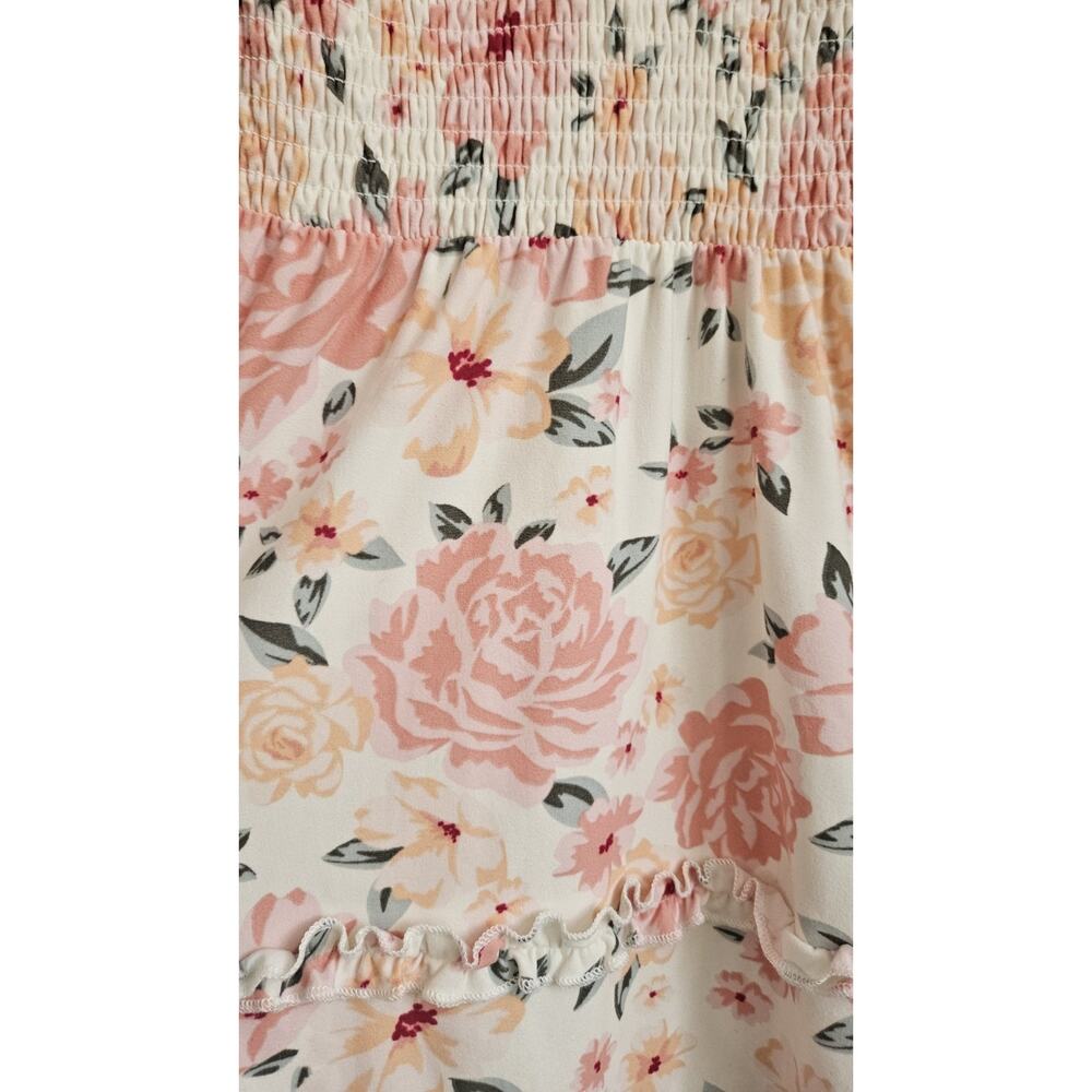 No Boundaries Mini Dress Size XS Cream Pink Floral Stretch Ruffles Smocked Waist - Picture 8 of 10